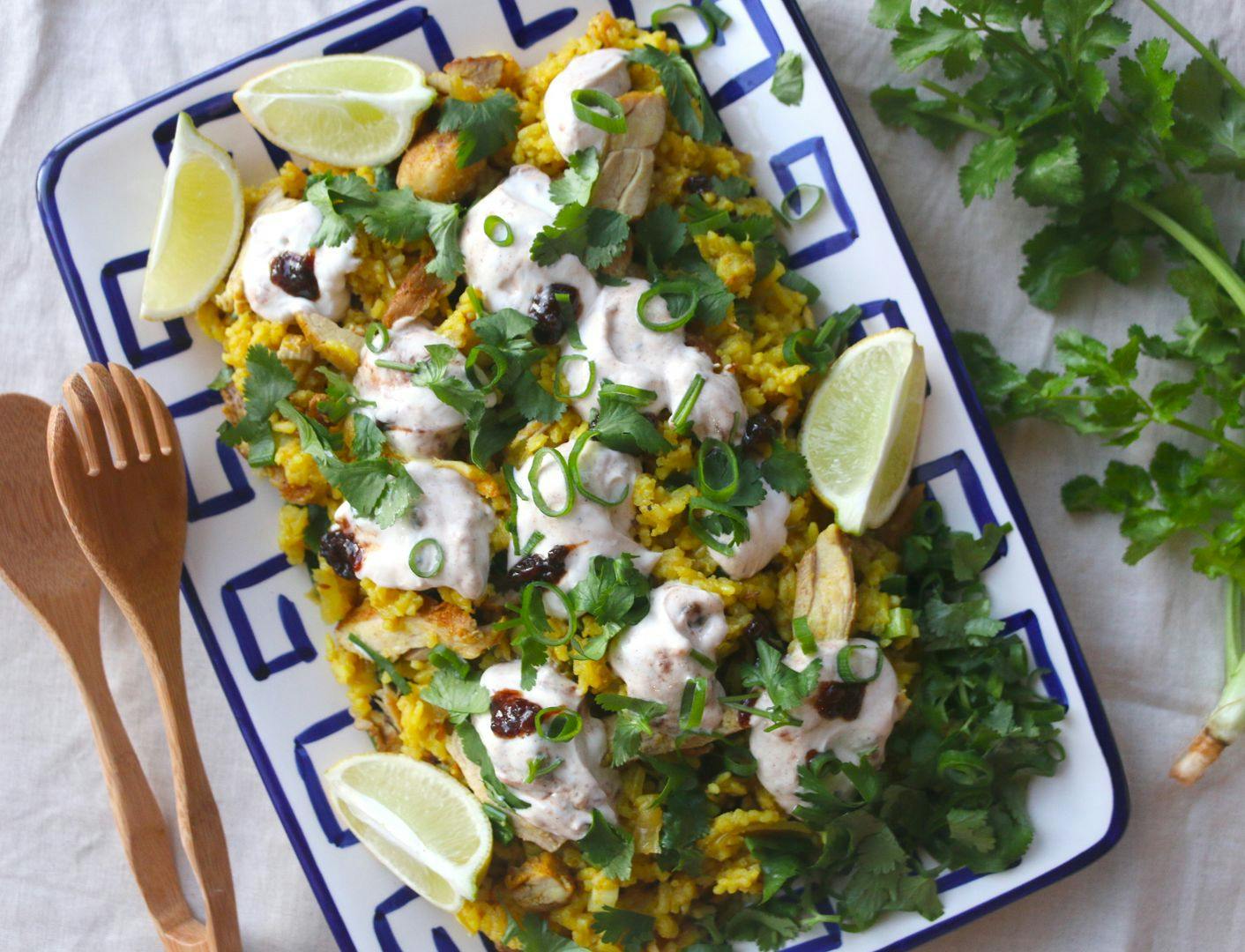 Spiced chicken pilaf with sour date yoghurt